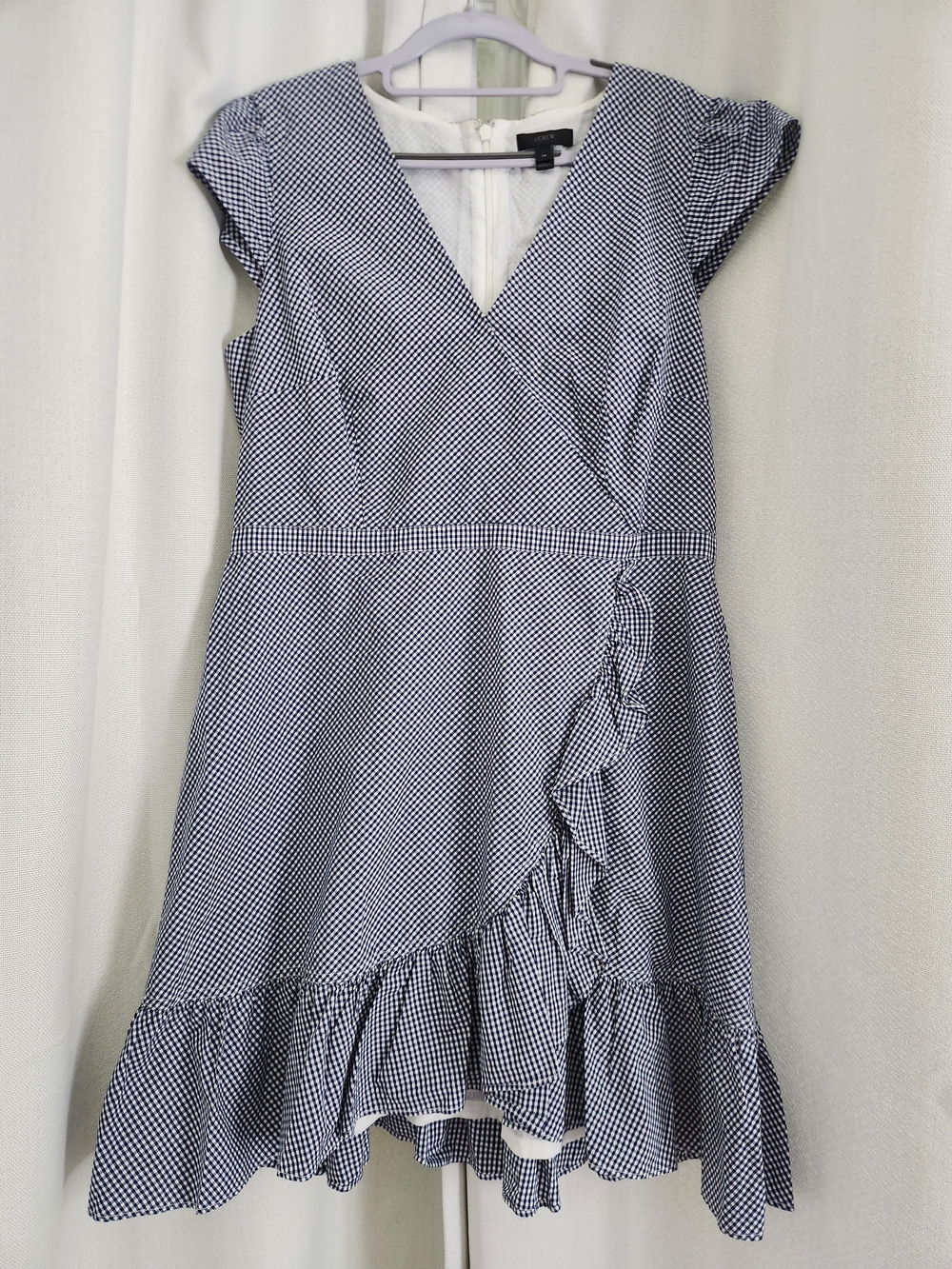 J. Crew Women's Navy & White Gingham Faux Wrap Dress with Ruffle Hem, Size 14